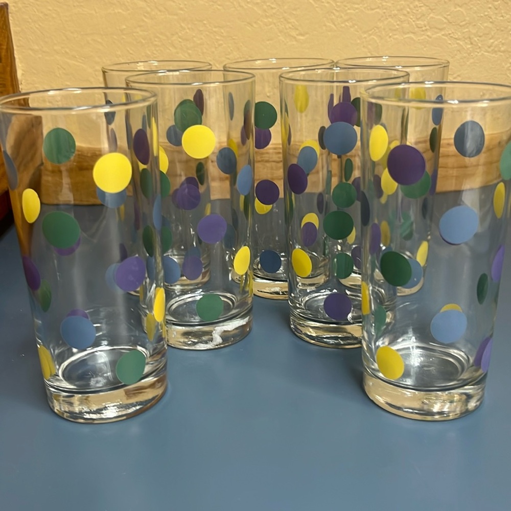 Vintage MCM Blue/Yellow Polka Dot Glass Tumblers—Set of 7